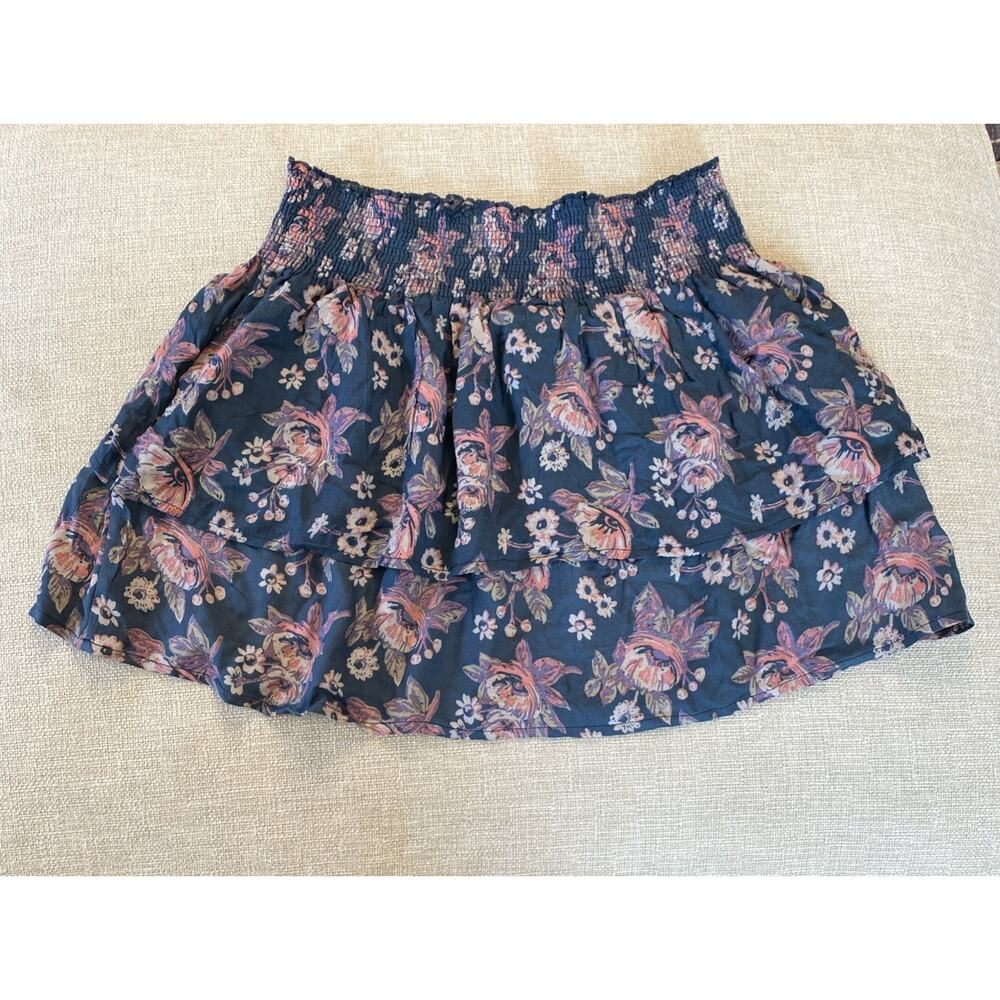 Natural Life XS / S Floral Tiered Mini Skirt Boho Western Festival Rayon Smocked